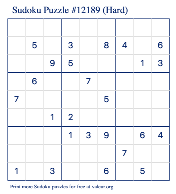 Free Printable Hard Sudoku Puzzle number 12189