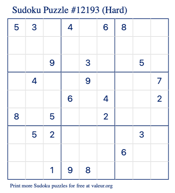 Free Printable Hard Sudoku Puzzle number 12193