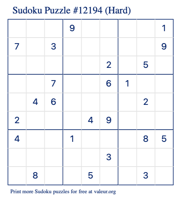 Free Printable Hard Sudoku Puzzle number 12194