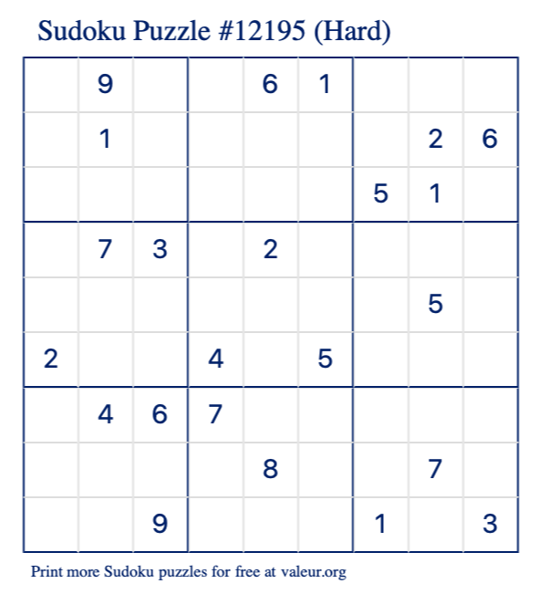 Free Printable Hard Sudoku Puzzle number 12195