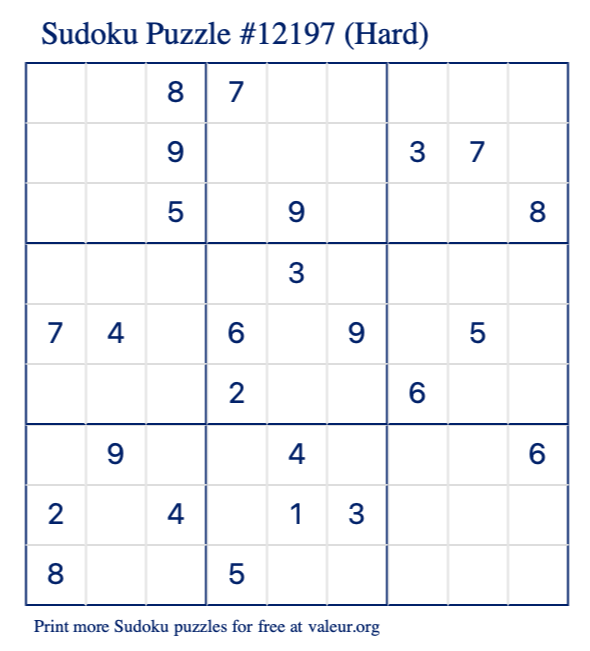 Free Printable Hard Sudoku Puzzle number 12197