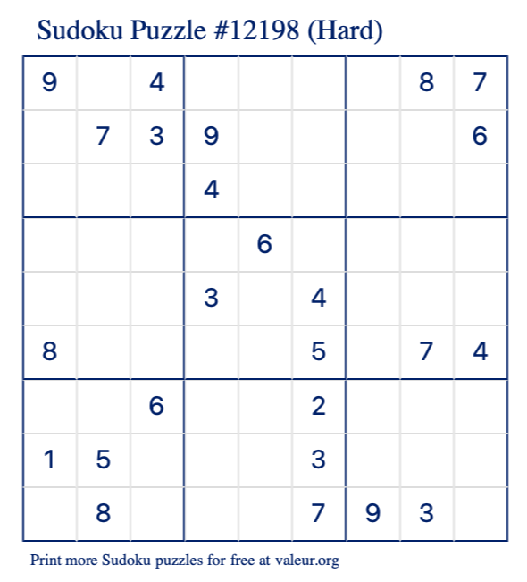 Free Printable Hard Sudoku Puzzle number 12198