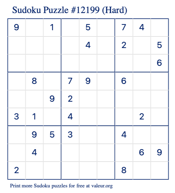 Free Printable Hard Sudoku Puzzle number 12199
