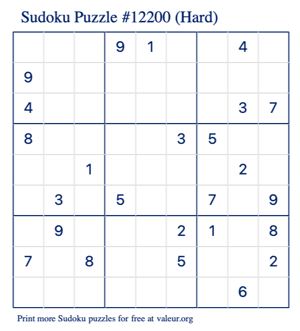 Free Printable Hard Sudoku Puzzle number 12200