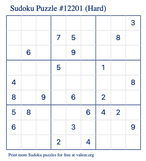 Free Printable Hard Sudoku Puzzle number 12201