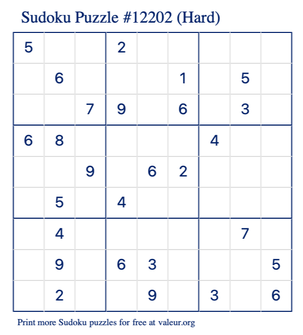 Free Printable Hard Sudoku Puzzle number 12202