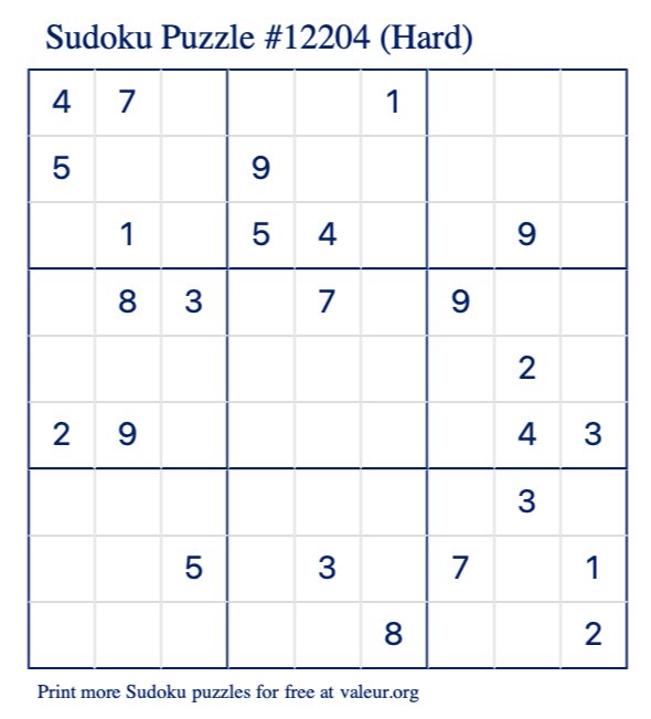Free Printable Hard Sudoku Puzzle number 12204