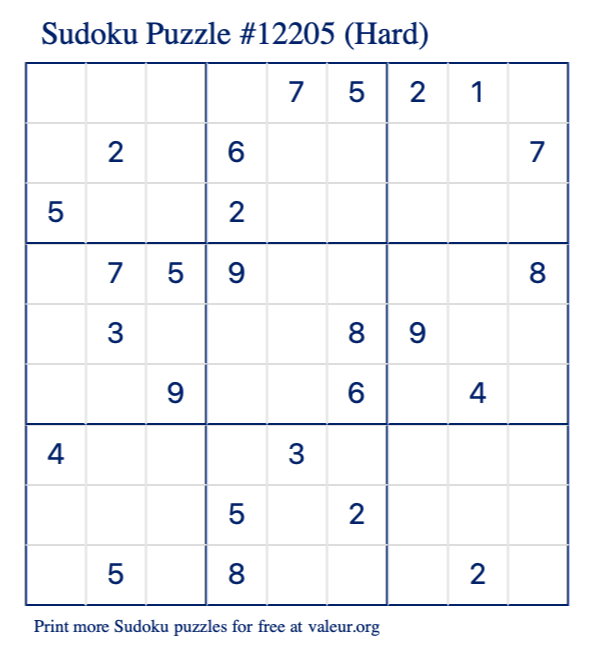 Free Printable Hard Sudoku Puzzle number 12205