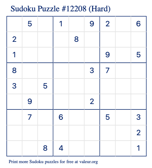 Free Printable Hard Sudoku Puzzle number 12208