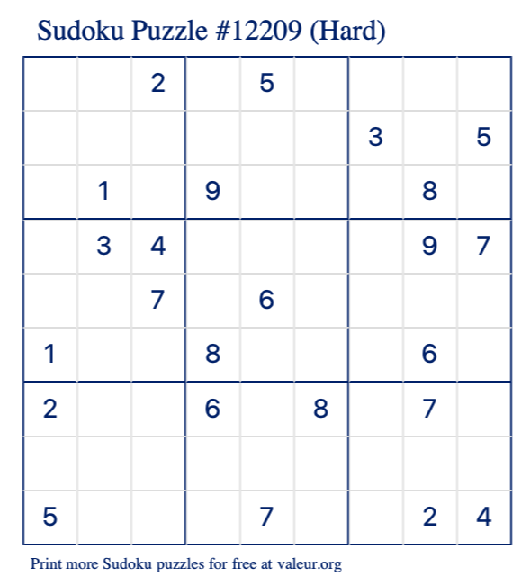 Free Printable Hard Sudoku Puzzle number 12209