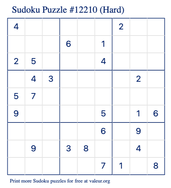 Free Printable Hard Sudoku Puzzle number 12210
