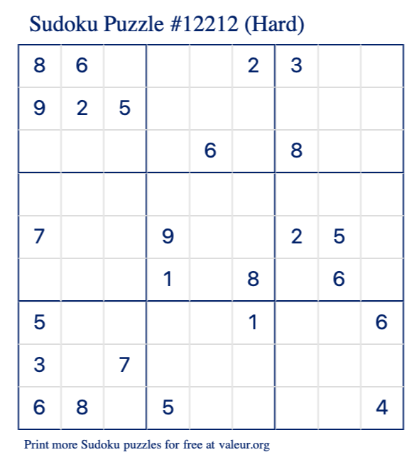 Free Printable Hard Sudoku Puzzle number 12212