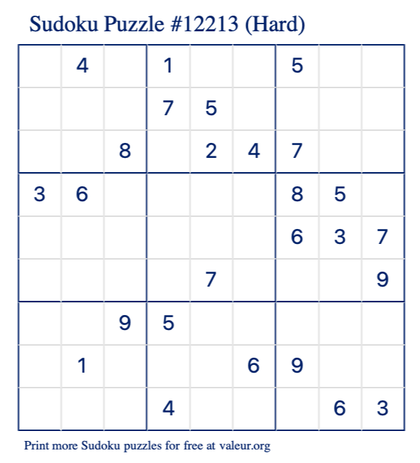 Free Printable Hard Sudoku Puzzle number 12213