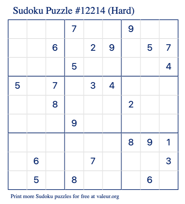 Free Printable Hard Sudoku Puzzle number 12214