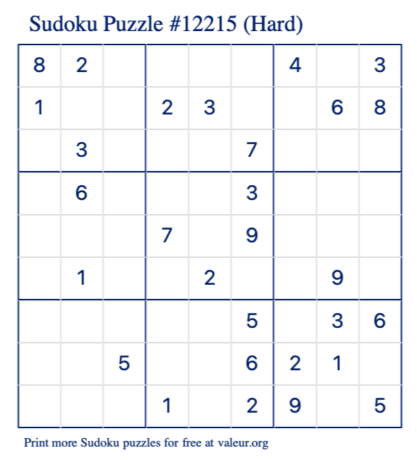Free Printable Hard Sudoku Puzzle number 12215