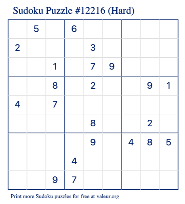 Free Printable Hard Sudoku Puzzle number 12216