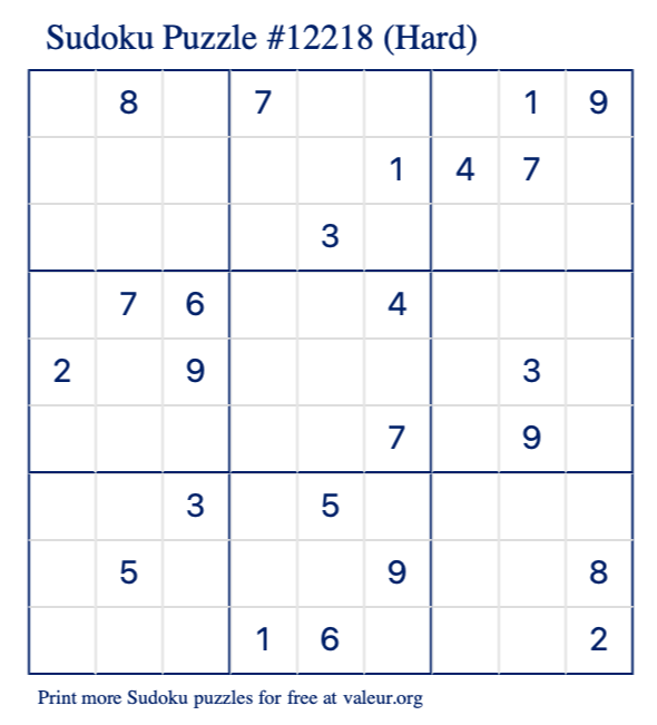 Free Printable Hard Sudoku Puzzle number 12218