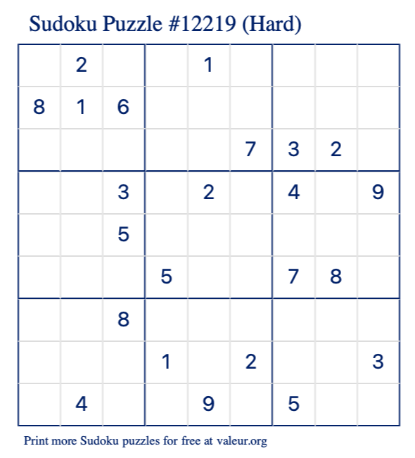 Free Printable Hard Sudoku Puzzle number 12219