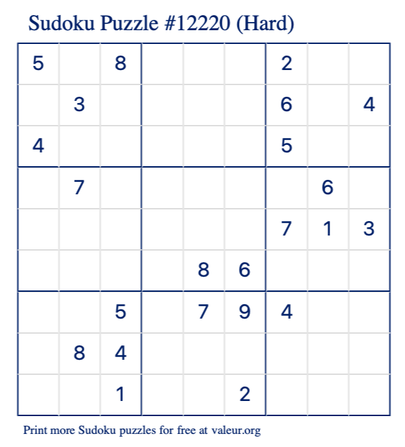 Free Printable Hard Sudoku Puzzle number 12220