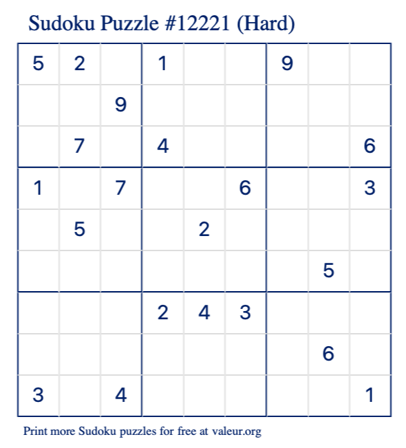 Free Printable Hard Sudoku Puzzle number 12221