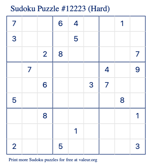 Free Printable Hard Sudoku Puzzle number 12223