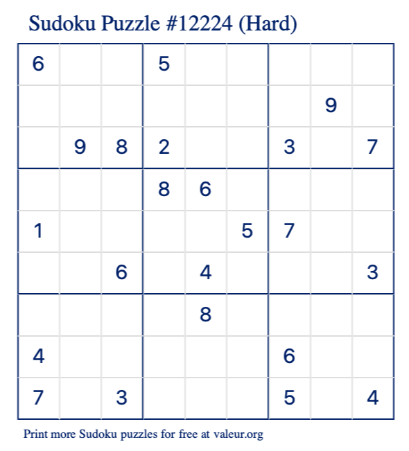 Free Printable Hard Sudoku Puzzle number 12224