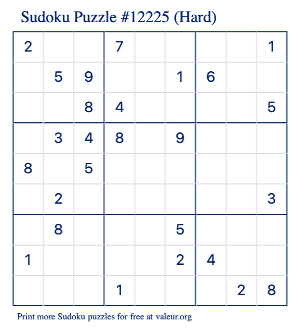 Free Printable Hard Sudoku Puzzle number 12225