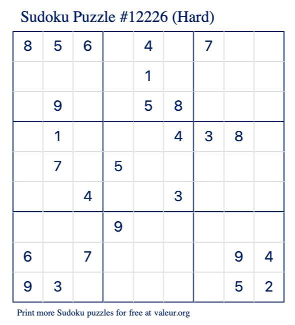 Free Printable Hard Sudoku Puzzle number 12226