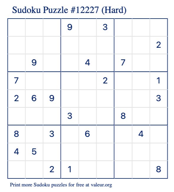 Free Printable Hard Sudoku Puzzle number 12227