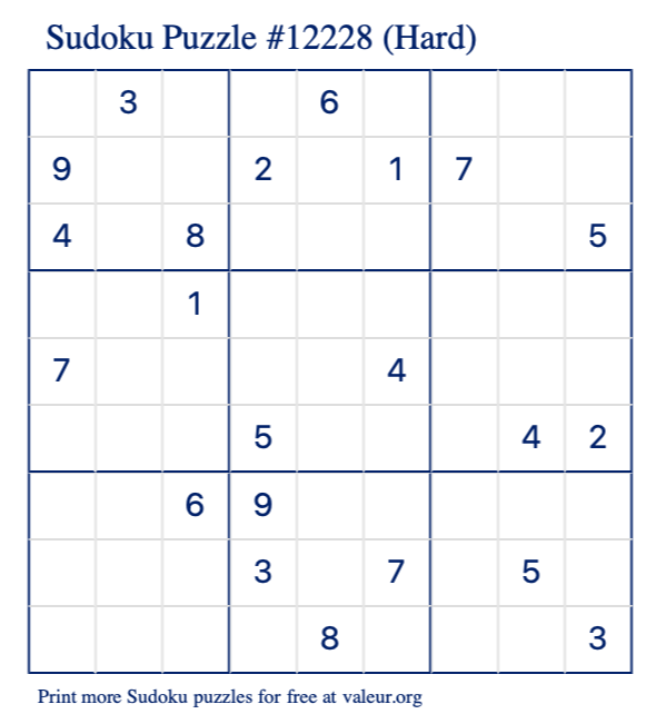 Free Printable Hard Sudoku Puzzle number 12228