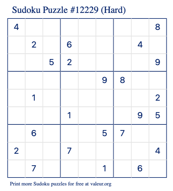 Free Printable Hard Sudoku Puzzle number 12229