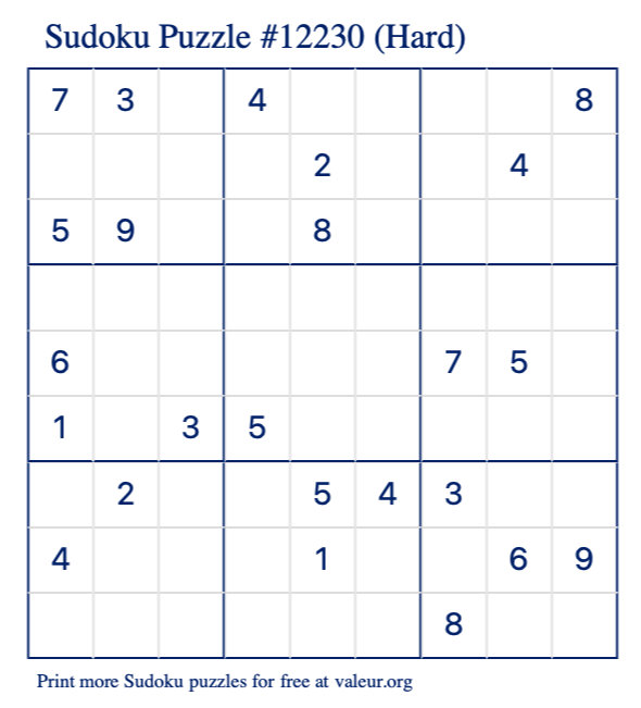 Free Printable Hard Sudoku Puzzle number 12230