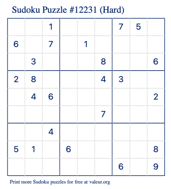 Free Printable Hard Sudoku Puzzle number 12231