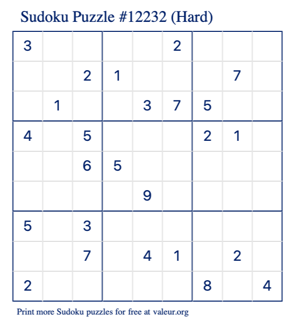 Free Printable Hard Sudoku Puzzle number 12232