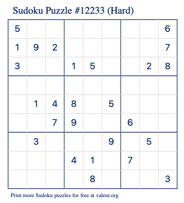 Free Printable Hard Sudoku Puzzle number 12233