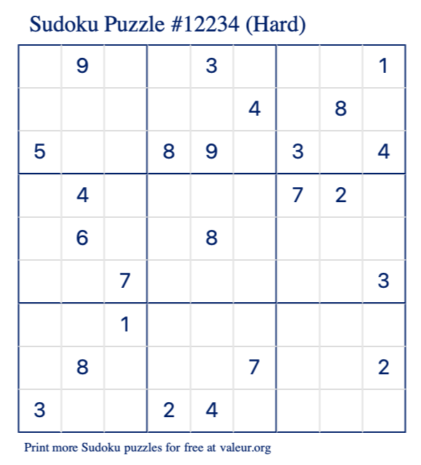Free Printable Hard Sudoku Puzzle number 12234