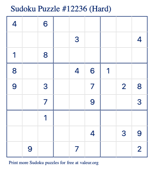 Free Printable Hard Sudoku Puzzle number 12236