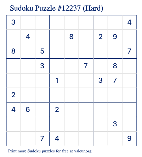 Free Printable Hard Sudoku Puzzle number 12237