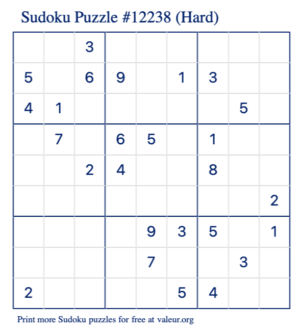 Free Printable Hard Sudoku Puzzle number 12238