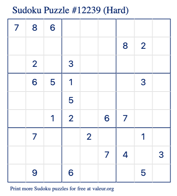 Free Printable Hard Sudoku Puzzle number 12239