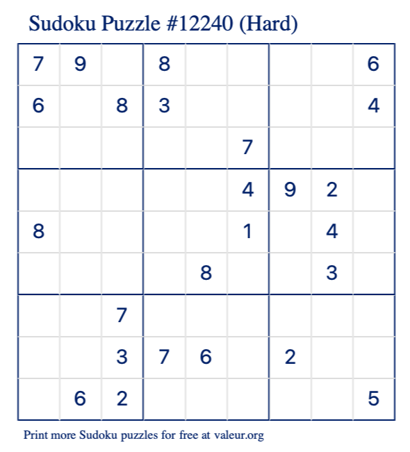 Free Printable Hard Sudoku Puzzle number 12240