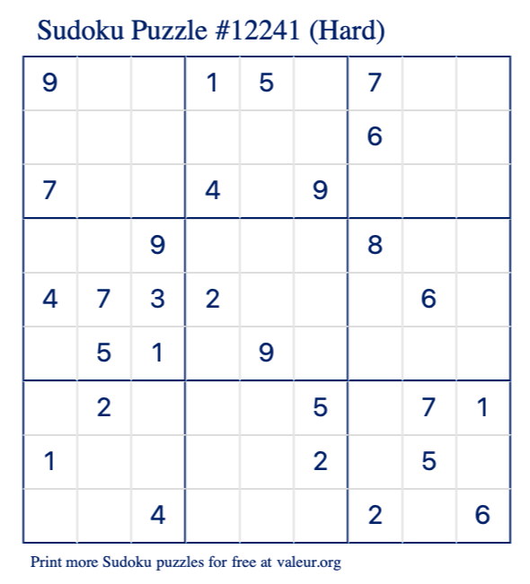 Free Printable Hard Sudoku Puzzle number 12241