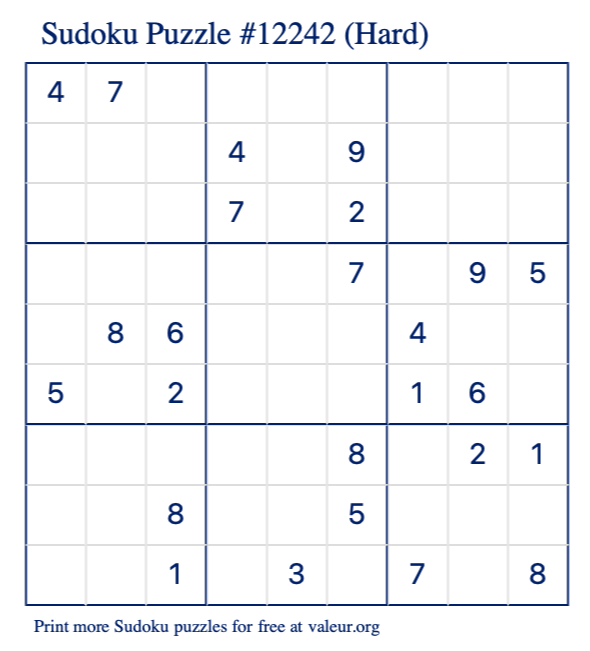 Free Printable Hard Sudoku Puzzle number 12242