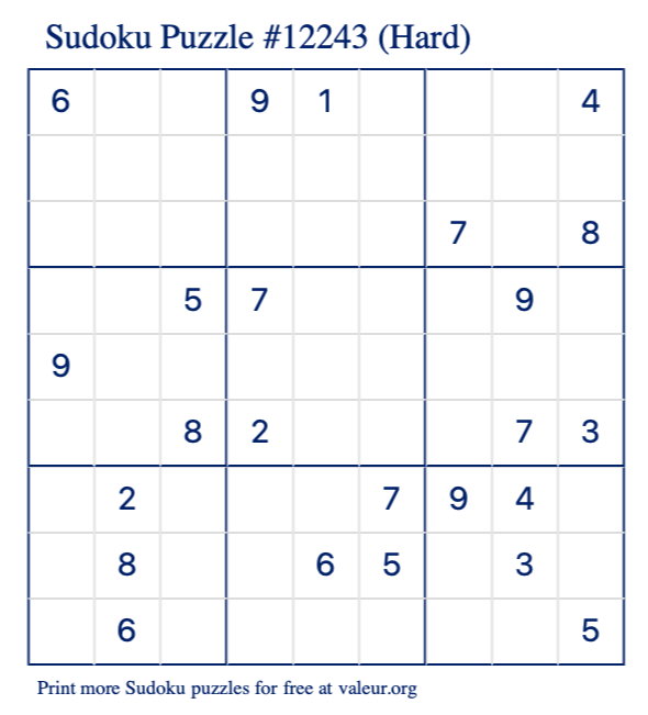 Free Printable Hard Sudoku Puzzle number 12243