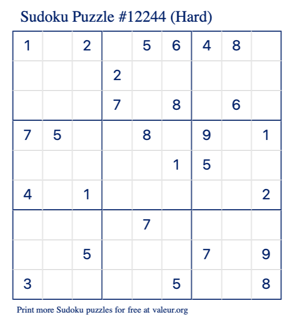 Free Printable Hard Sudoku Puzzle number 12244