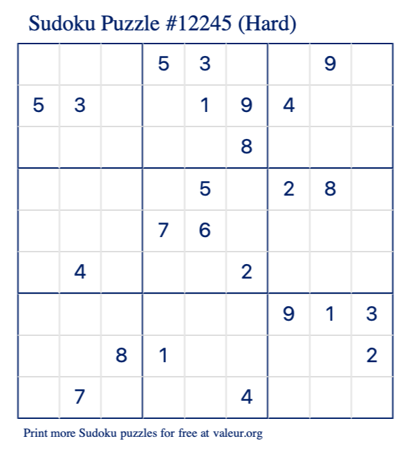 Free Printable Hard Sudoku Puzzle number 12245
