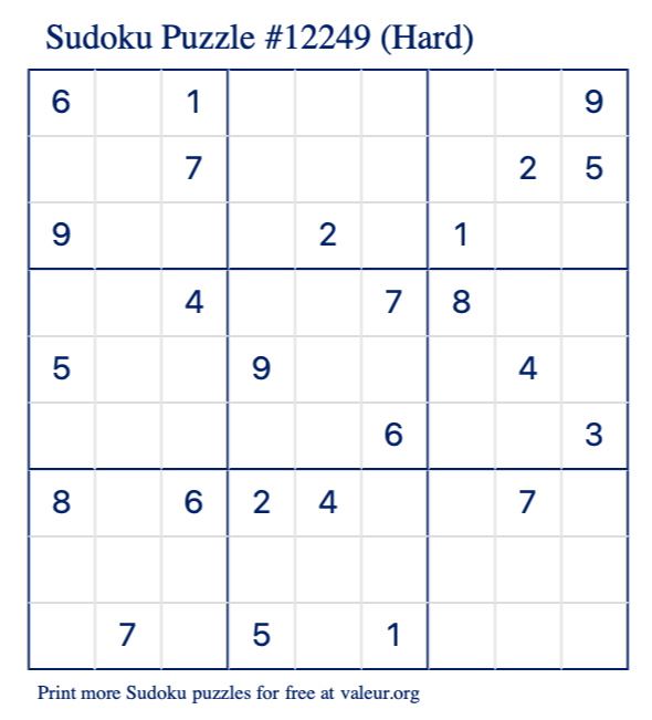 Free Printable Hard Sudoku Puzzle number 12249