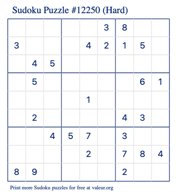 Free Printable Hard Sudoku Puzzle number 12250