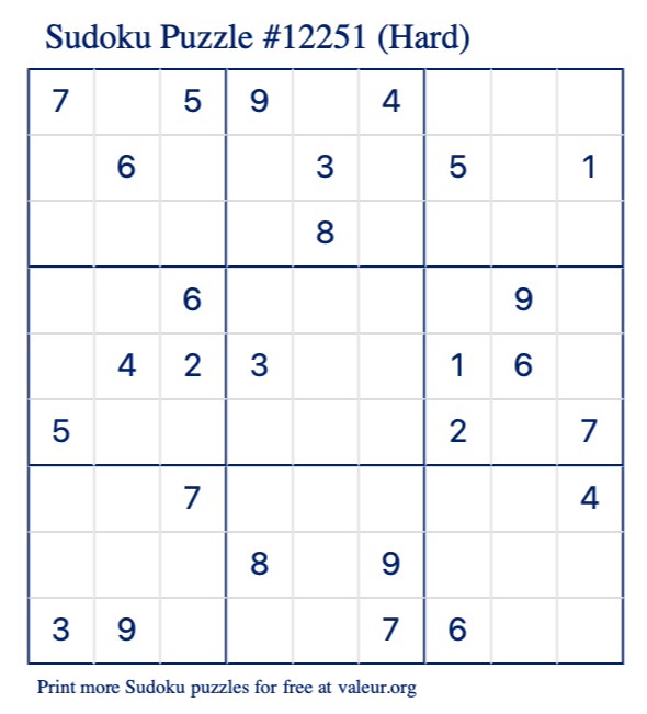 Free Printable Hard Sudoku Puzzle number 12251