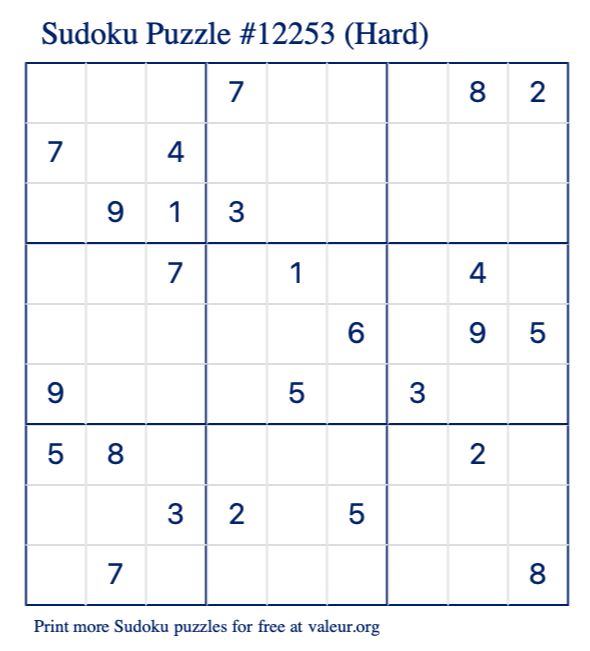 Free Printable Hard Sudoku Puzzle number 12253